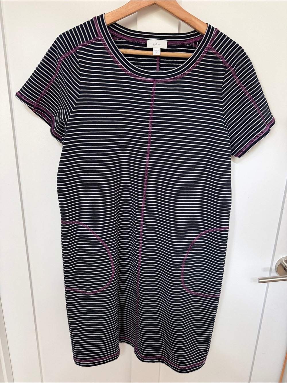 J. Jill navy and White Striped Midi Dress with Pink Topstitching